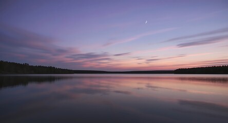 Fototapeta premium Pastel twilight sky with a crescent moon reflected in a still lake, a serene dream of nature's beauty.