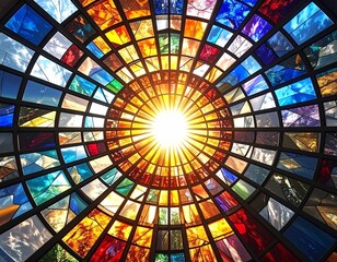 This domed stained glass ceiling showcases exquisite craftsmanship, with sunlight enhancing each textured panel—an architectural masterpiece of color and form