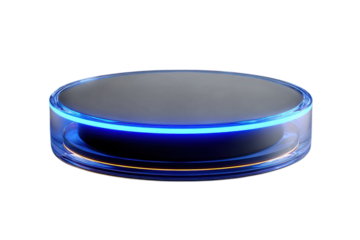 Futuristic Glowing Tech Device Blue Orange LED Highlights on a Sleek Circular Design Against Black