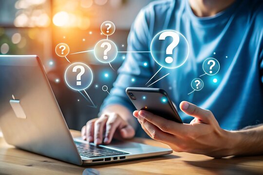 A person using a laptop and smartphone with question mark icons