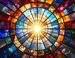 Sunlight pierces through a radiant stained glass ceiling, casting a divine glow in a sacred space. The vivid patterns evoke a sense of spirituality and wonder