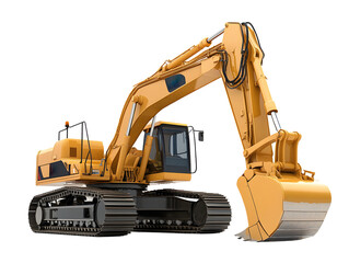 Heavy duty yellow excavator machine with large bucket isolated on transparent background