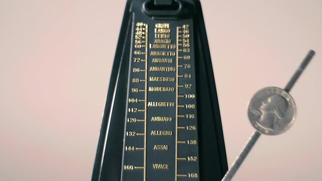 A black shiny metronome with an oscillating pendulum on which a quarter dollar coin symbolizes fluctuations in exchange rates on the forex, stock exchange. Closeup