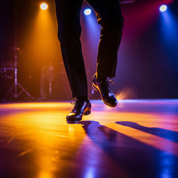 people dancing in the nightclub. dancing on stage. Tap dancer's feet clicking heels on polished stage with colorful spotlights.