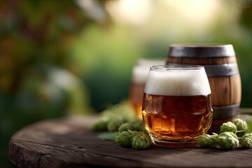 Beer glasses with hops sit on a wooden surface near a barrel set against an outdoor background