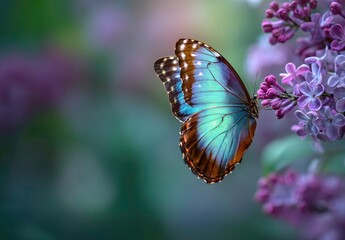 Obraz premium Close up of a beautiful blue morpho butterfly on purple lilac flowers