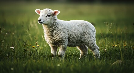Obraz premium Young Lamb Standing in Green Meadow with Flowers Under Natural Light