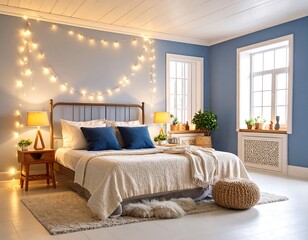 Fototapeta premium Cozy bedroom with string lights