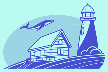 Vector art of a charming coastal scene featuring a lighthouse, house, and dolphin leaping near the ocean
