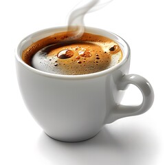 A white cup filled with dark coffee and steam rising on a plain white background view