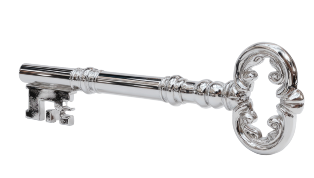 Detailed close-up of a long, ornate, silver key