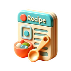 3D Recipe Card Icon with Cooking Element, Cartoon Plastic Style for Food Apps and Blogs