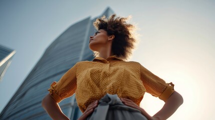 Confident Woman Standing Tall Against Skyscrapers