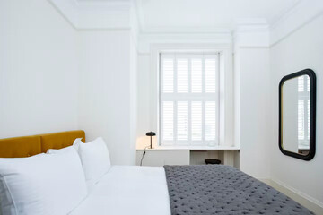 Modern luxury bedroom interior in minimal scandinavian style, 3d render
