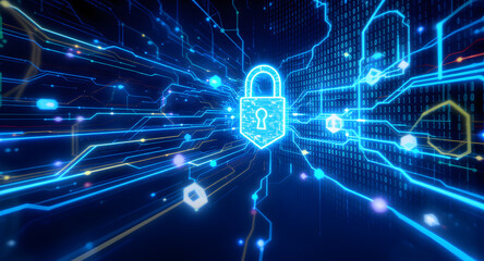 Cybersecurity and Data Protection: Digital Padlock on Futuristic Circuit Board Network