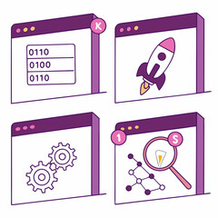 Vector art of set of four web browser windows displaying development, startup, gears, and search concepts
