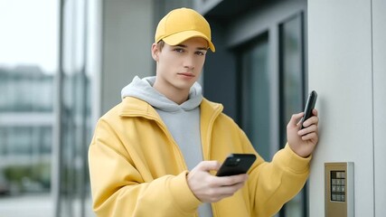 Food courier approaching building intercom with eager anticipation