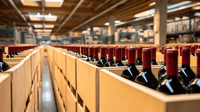 Rows of Wine Bottles in Wooden Crates Stored at Warehouse