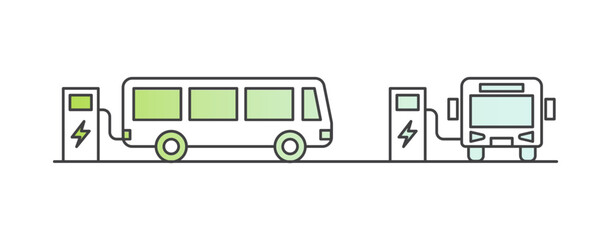 Minimal line icons electric buses, charging stations, green mobility infrastructure, sustainable public transport, eco transit, smart city transit, clean energy vehicles, zero emissions, CO2 neutral