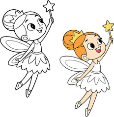 Cute Fairy Girl with Magic Wand Coloring Page and Color Version
