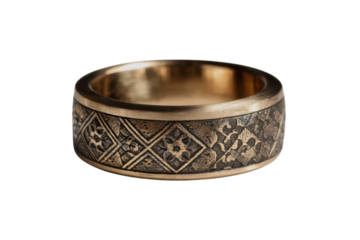 Embossed Band Vintage Gold Ring with Floral Motifs Geometric Design Detailed Jewelry Symbolic