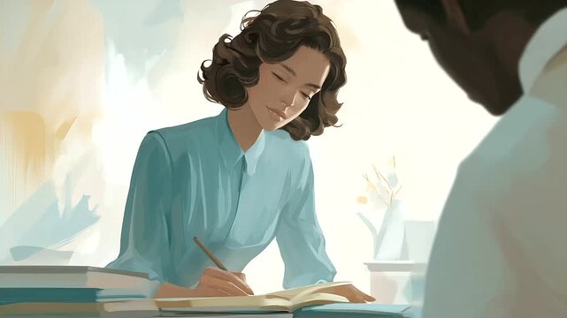 Gentle Teacher Correcting Student's Notebook with Patience