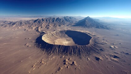 Aerial view of a vast, arid landscape with a large crater