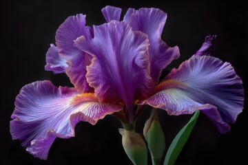 Striking purple iris blossom with detailed petals against a dark background. Use for backgrounds, nature themes, or artistic floral compositions.