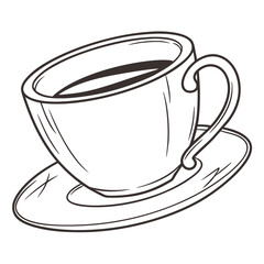 Simple hand drawn outline illustration of a coffee cup filled with dark liquid on a saucer