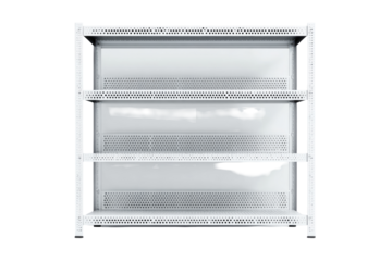 Empty white multi-tiered shelving unit, likely for refrigerated goods, with visible shelf dividers.  Slight imperfections/damage