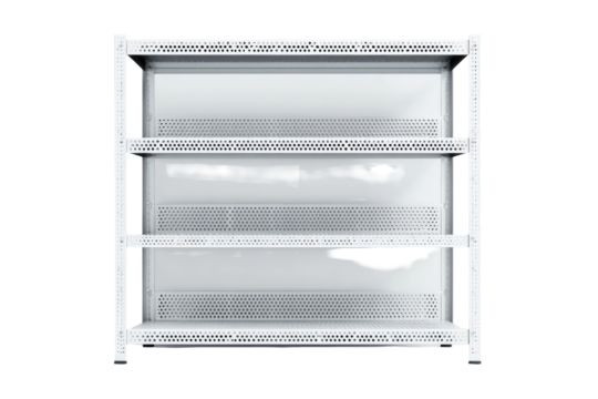 Empty white multi-tiered shelving unit, likely for refrigerated goods, with visible shelf dividers.  Slight imperfections/damage