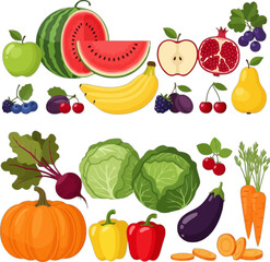 Vector art of vector illustration of various fresh fruits and vegetables including watermelon apple banana and more for a healthy lifestyle