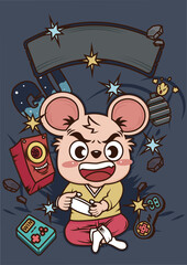 Vector Illustration of Cute Mouse Playing Video Game. Suitable for Spring Festival greeting cards, New Year goods packaging, cultural and creative gifts, festive illustrations, etc.