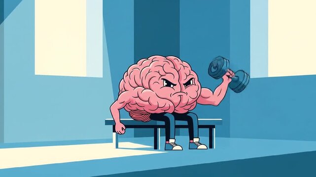 An animated brain character is lifting a dumbbell, exercising in a gym setting.