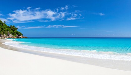 Fototapeta premium Serene Tropical Beach Paradise: Azure Waters, White Sand, and Lush Greenery