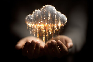Hands holding glowing digital cloud symbolizing cloud computing data storage technology innovation internet network and virtual connection with copy space
