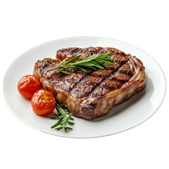 Grilled ribeye steak with rosemary garnish and roasted cherry tomatoes on plate on transparent background