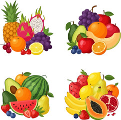 Vector art of vector illustration of various fresh fruits, including tropical and common varieties, arranged in attractive groups