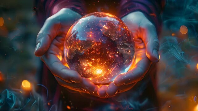 Footage of a crystal orb cradled in hands, acting as a mystical ball for divination. This enigmatic scene suggests themes of fortune-telling, psychic abilities, and prophecy, ideal for Halloween