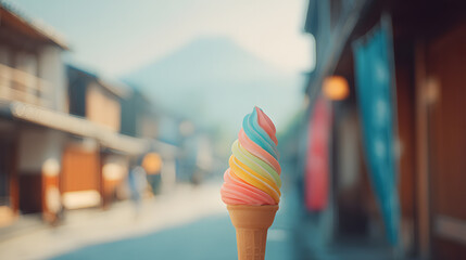 A vividly colored ice cream cone, swirled to perfection, is held close to the lens with soft daylight highlighting its texture. The background blurs into a peaceful Japanese street with traditional