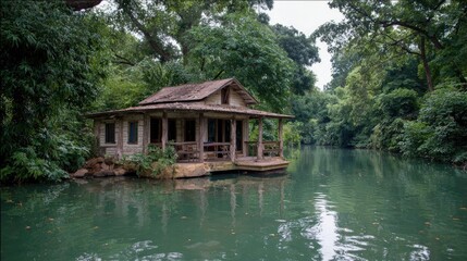 Rustic cabin on a tranquil river, lush greenery surrounds