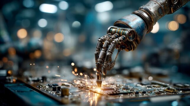 Mechanical robotic arm welding or assembling electronic components on a circuit board in a futuristic tech factory. - Powered by Adobe
