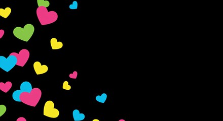 Abstract background with multicolored bright pink, blue, green and yellow hearts of different sizes on black background with free space for text