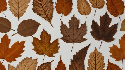 A clean, top-down view of a diverse assortment of autumn leaves in various stages of color change, including reds, oranges, yellows, browns