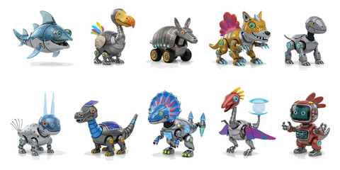 Naklejka premium Friendly robotic ancient animals in 3D style, with glowing metal parts, vivid tech designs, spaced evenly in two rows on clean futuristic display