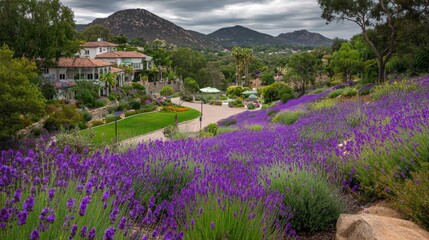 Lavender fields cascading down a hillside, with luxury homes in the background. Lush landscaping and a paved walkway