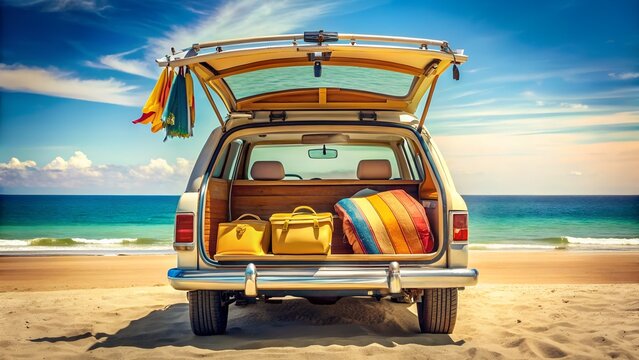 Retro station wagon packed for beach vacation with ocean view