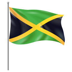 Waving Jamaican Flag on Flagpole – National Flag of Jamaica with Black, Green, and Yellow Cross Design