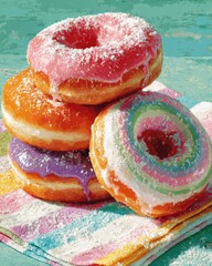 Obraz premium Colorful donuts in a stack, close-up shot