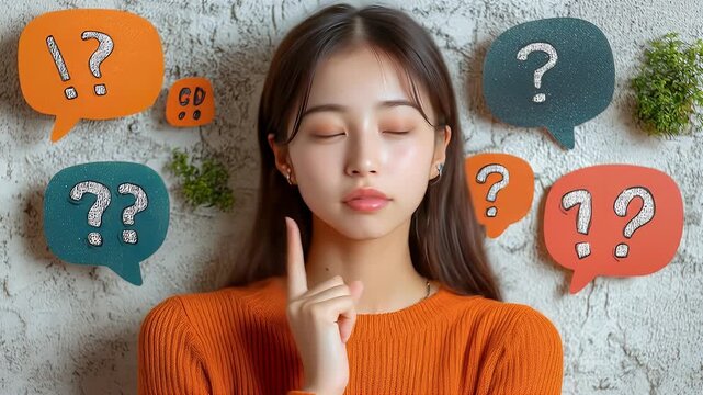 Young woman surrounded by question marks & thoughts